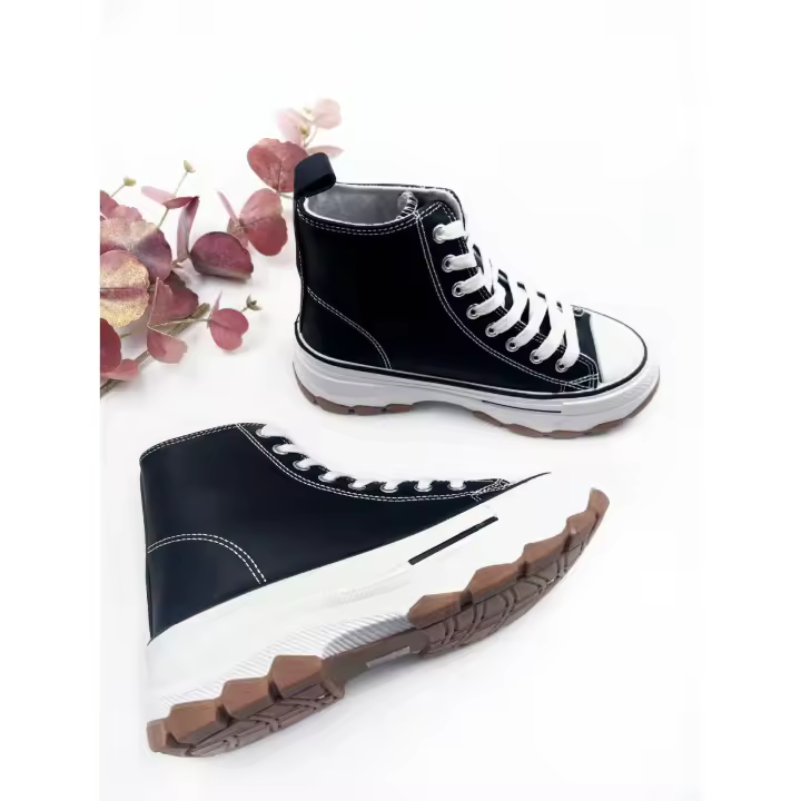 Calzado Estilo. Zapatillas abotinadas de polipiel para mujer, con plataforma, cómoda, con cordones, alta calidad - 1