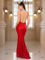 Vestido De Noche Sin Mangas Y Espalda Descubierta Dorado Rojo Slim V Neck Mermaid Prom Traje De Baño De Encaje Para Mujer - details 11
