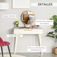 HOMCOM Tocador con Espejo Redondo Mesa de Maquillaje con 2 Cajones Estilo Moderno para Dormitorio Vestuario 80x40x123 cm Blanco - details 4