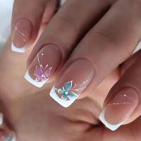 24pcs/set Uñas Postizas Cortas De Acrílico Estilo Francés Con Diseño De Flores Y Mariposas Para La Temporada De Primavera Y Verano Artículos De Belleza Para Uñas - details 41