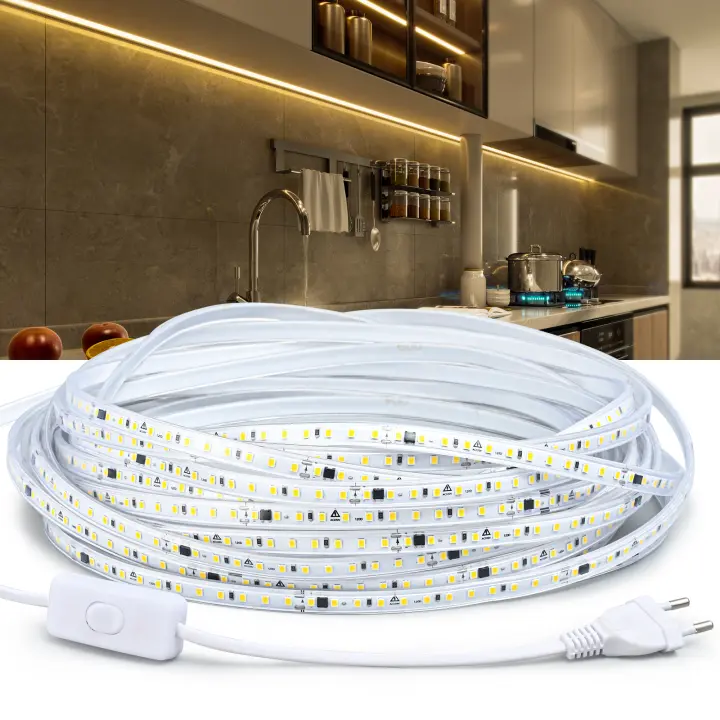 Tira De Luces LED Impermeable 220V Alta Brillo 120LEDs/m Para Decoración De Hogar Cocina Jardín Exterior Con Interruptor - 1