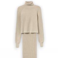 Vestido Tiffosi Titania beige, de punto canalé con cuello redondo y manga larga. - details 4