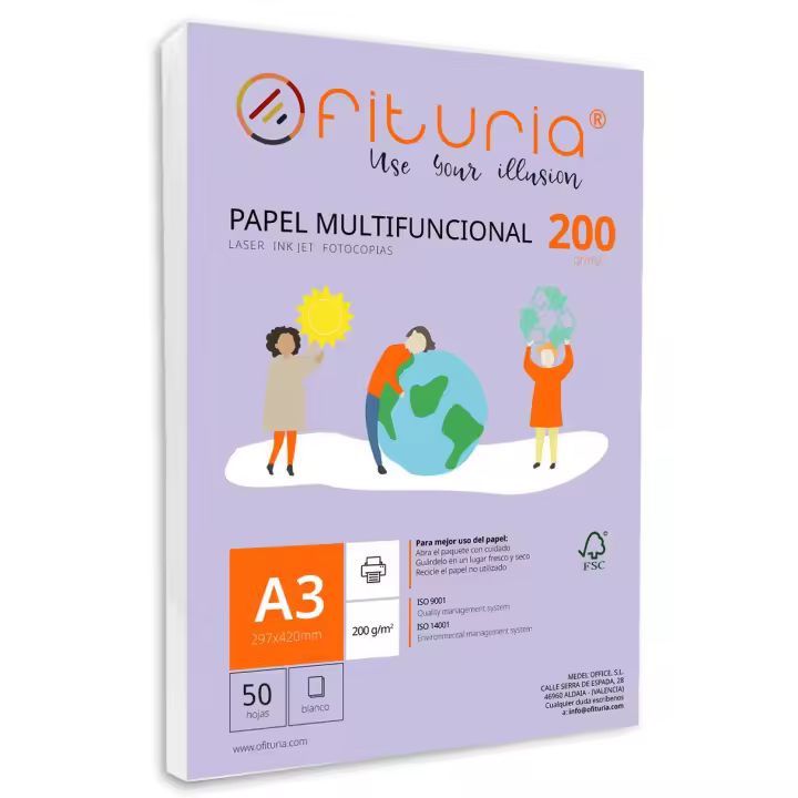 Paquete de folios A3 de 200gr con 50 Hojas Blancas, Papel Multifuncional para Uso Escolar y Entornos Laborales. Ideal con impresoras láser, de inyección o fotocopiadoras - Ofituria - 1