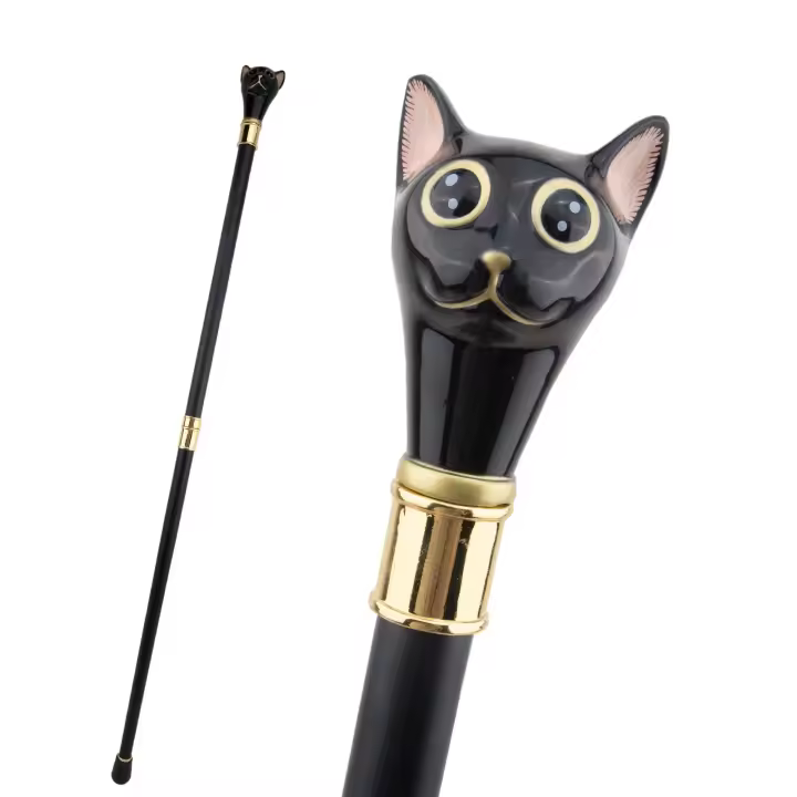 Bastón De Moda Para Caballero Gato Dorado Negro Con Punta De Goma Y Mango De Acero 93cm Herramienta Auxiliar Para Caminar - 1