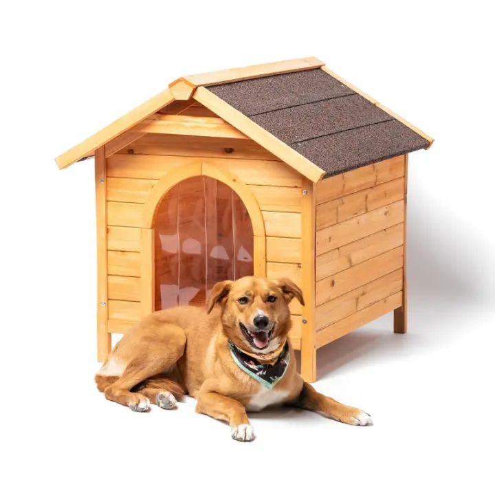 Caseta de Madera para Perros Rex - Impermeable y con Puerta de Vinilo.  Casa de madera con certificación FSC, pintura al agua no-tóxica y base sobre elevada para aislar el suelo. Casita ideal para perros medianos a grandes. - 1
