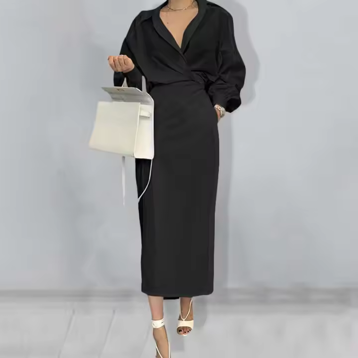 Vestido Largo De Mujer Celmia Con Cinturón Y Manga Larga Vintage Para Fiesta Y Oficina Elegante Moda Casual Midi V-cuello Polyester Spandex - 1
