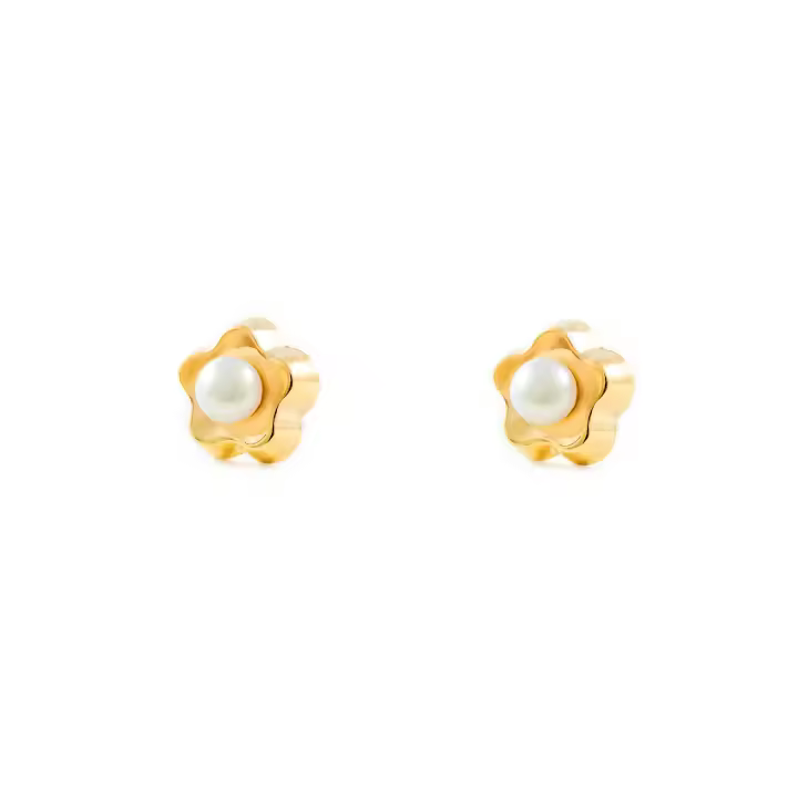 Pendientes Niña Oro Amarillo 9K Perla Botón 3,5 mm Flor Margarita Brillo - Mondepetit - 1