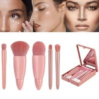 5 piezas de juego de brochas de maquillaje mini con espejo y estuche, herramientas de belleza profesional, brochas de pelo suave de fibra para polvo y sombra de ojos, regalo de favor de plástico portátil - details 1