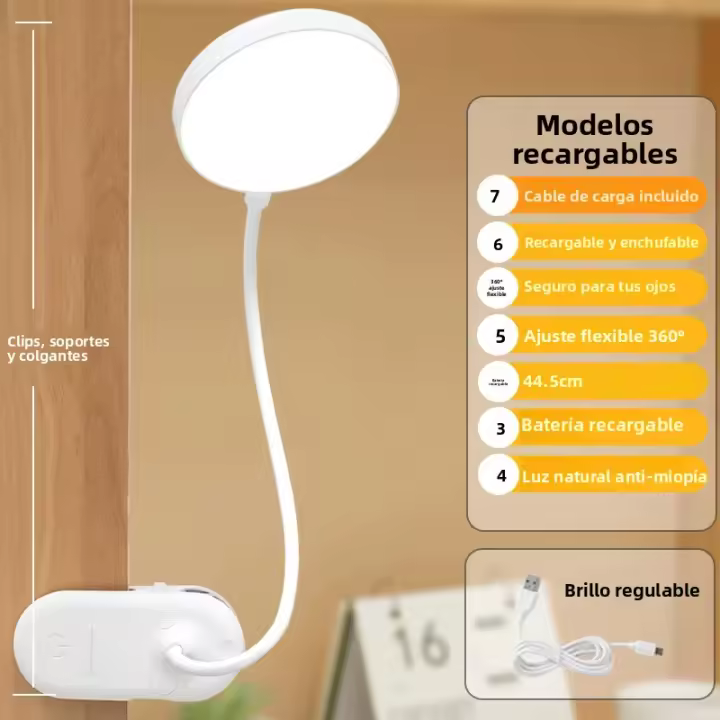 Lámpara De Mesa Portátil LED Con Clip Iluminación Nocturna Para Lectura Luz Táctil De 3 Modos De Brillo Protección Ocular Recargable USB Material ABS - 1