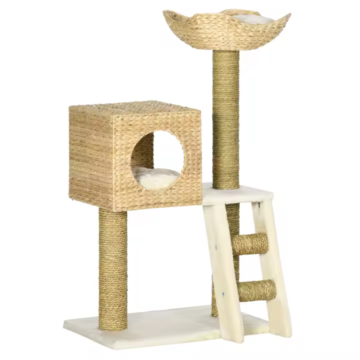 PawHut Árbol Rascador para Gatos Medianos Altura 100,5 cm Torre para Gatos con Cama Superior y Cueva de Totora 2 Cojines 2 Postes Escalera 57x37x100,5 cm Natural - 1
