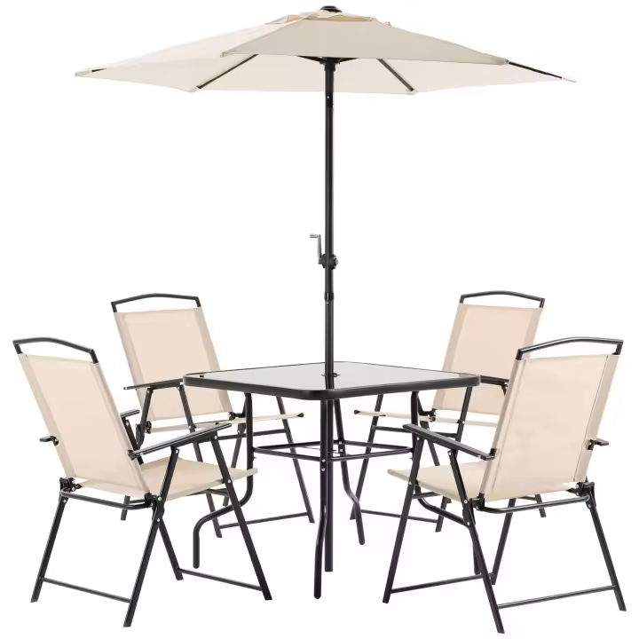 Outsunny Conjunto de Muebles de Jardín con 4 Sillas Plegables Mesa de Comedor de Vidrio y Sombrilla Inclinable Protección del Sol para Patio Terraza Exterior 80x80x70 cm - 1