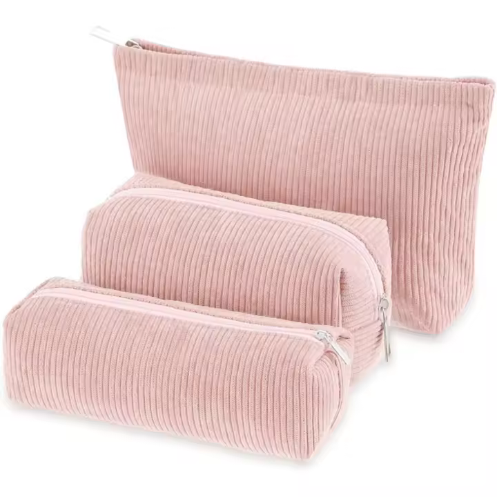 Bolsa de maquillaje de pana, portátil, de gran capacidad (rosa) - 1