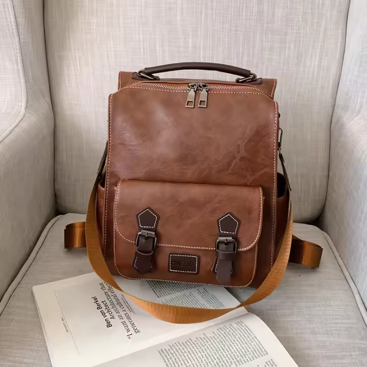 Mochila Retro de Cuero PU para Hombres y Mujeres - 1