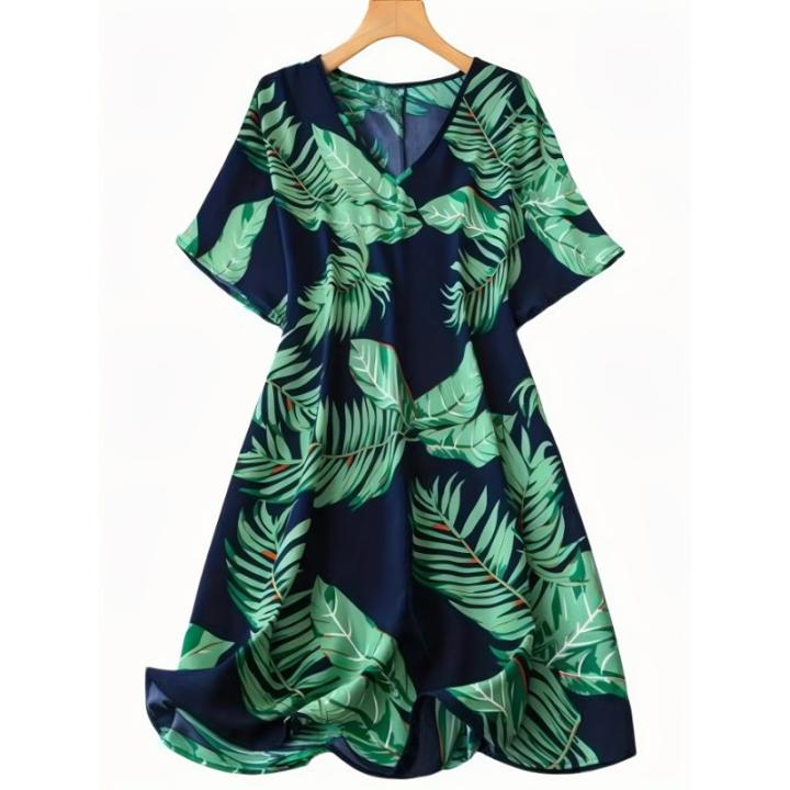 Vestido De Verano Para Mujer Talla Grande 1XL-5XL Con Estampado De Plantas Manga Murciélago Cómodo Versátil Cuello V Longitud De Rodilla