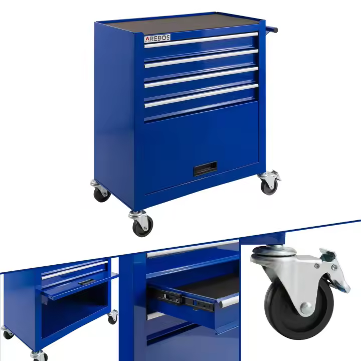 AREBOS Carro de Taller Carro de Herramientas 4 Cajones + Compartimento Grande Azul - 1