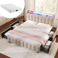 Cama tapizada con función de Carga, función de carga USB, sombrero E iluminación LED Y 4 cajones, Cama Doble 160x200 cm, Cama con almacén, somier, Marco de listones de Madera, beige (con colchón) - details 7