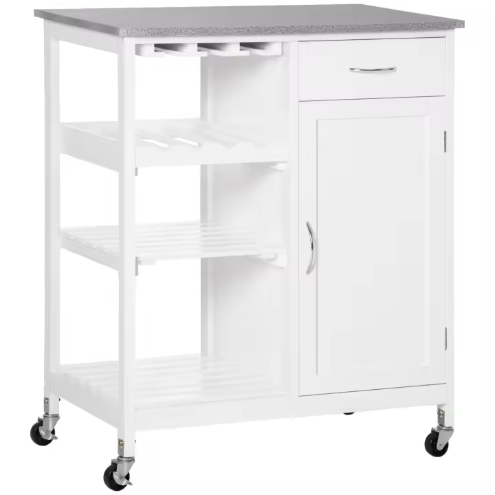 HOMCOM Carro de Cocina con Ruedas Carrito de Servicio con 1 Cajón Estantes Extraíbles Botellero para 4 Botellas y Armario para Comedor Salón Carga 40 kg 76x48x88 cm Blanco - 1