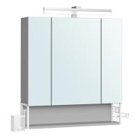 Armario de baño multifuncional con espejo 3 puertas, mueble de pared integrado con enchufe, cesta colgante y soporte para secador, espacioso, blanco nube, gris paloma - details 5