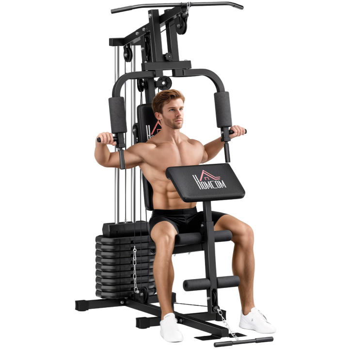 HOMCOM Multiestación Musculación, Máquina de Musculación con Prensa de Pecho, Placas de Peso de 45 kg, Curl de Piernas y Brazos, Polea Mariposa, Carga 100 kg, para Entrenamiento Casa Gimnasio, Negro
