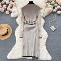 YuooMuoo Vestido Bodycon De Punto Elegante En Caqui Y Negro Para Mujer Estilo Lady Oficina Ajustado Con Cinta Y Abertura Al Final De Otoño E Invierno - details 2