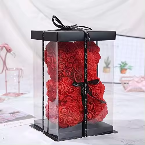 SUPERMOLON Oso de Rosas Foam 25cm con Caja de Regalo y Lazo - Rose Bear Oso Rosas Artificiales - Regalo San Valentín, Enamorados, Aniversario, Amor, Cumpleaños (Rojo) - 1