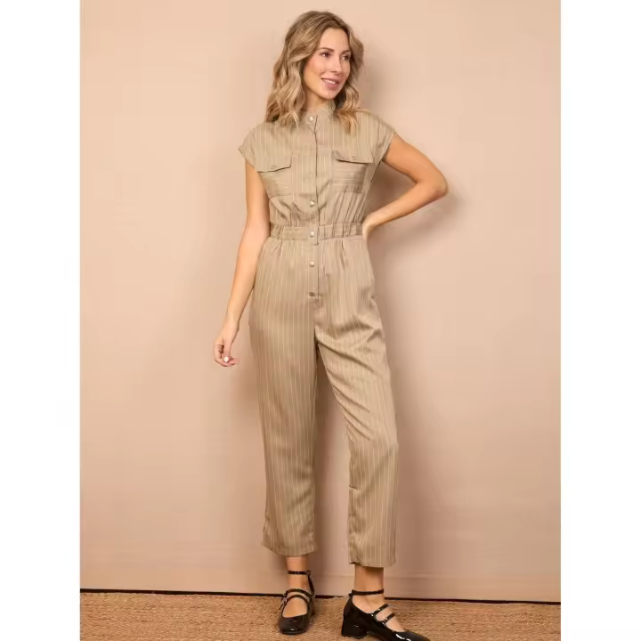 MONO COCO - Mono, traje, rayas, líneas, estampado, botones, bolsillos, liso, plano, blanco, beige, elegante, versátil, ajustado, casual, poliester, polyester, moda mujer, tendencia, trabajo, formal, oficina, invierno, otoño, verano, primavera - 1
