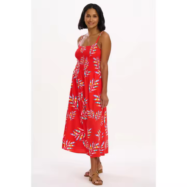 SUGARHILL BRIGHTON - Vestido midi fruncido Christabel color rojo estampado de hojas de Sugarhill Brighton - 1
