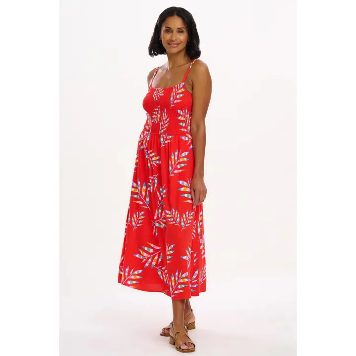 SUGARHILL BRIGHTON - Vestido midi fruncido Christabel color rojo estampado de hojas de Sugarhill Brighton - 1