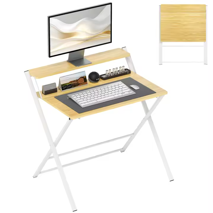 HOMCOM Escritorio Plegable Mesa de Escritorio Plegable con Estante Abierto Escritorio Pequeño para Estudio Hogar Oficina 86x66x82 cm Natural - 1