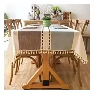 Mantel de lino de algodón lavable sin arrugas, diseño de borlas para decoración de mesa de comedor de cocina (azul-marrón, 55 x 55 pulgadas) - 1