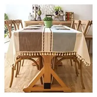 Mantel de lino de algodón lavable sin arrugas, diseño de borlas para decoración de mesa de comedor de cocina (azul-marrón, 55 x 55 pulgadas) - 1