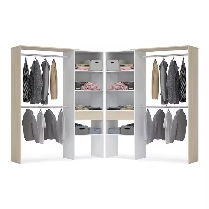 Meimon Vestidor Hera Doble – Armario Abierto Modular con Cajones, Vestidor abierto doble hera con 4 barras para colgar, 8 estantes y 2 cajones. Diseño moderno en blanco y roble, ideal para organizar tu ropa con estilo y máxima capacidad - 1