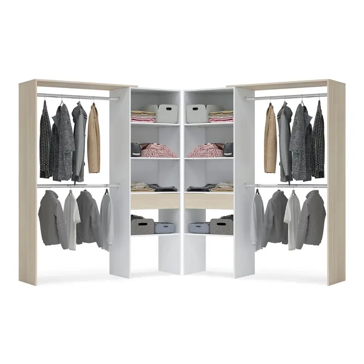 Meimon Vestidor Hera Doble – Armario Abierto Modular con Cajones, Vestidor abierto doble hera con 4 barras para colgar, 8 estantes y 2 cajones. Diseño moderno en blanco y roble, ideal para organizar tu ropa con estilo y máxima capacidad - 1