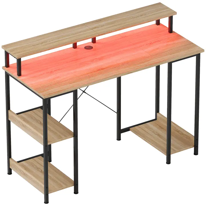 HOMCOM Escritorio de ordenador con almacenamiento reversible 120 cm - luces LED, estantes de almacenamiento, soporte de pantalla, gestión de cables, escritorio de ordenador para la oficina en casa y estudio, natural - 1