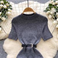New Chic Fashion Belt Wrap Hips Sweater Dress Knitted Slim Waist Bodycon Dress for Women Elegant Office Casual above Knee - details 2