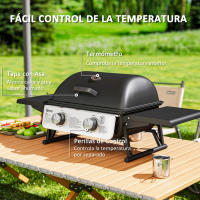 Outsunny Barbacoa de Gas con 2 Quemadores de Acero Inoxidable 2,8 KW Barbacoa Portátil con Mesas Laterales Plegables Bandeja Extraíble y Termómetro para Pícnic Camping 101x48x41 cm Negro - details 5
