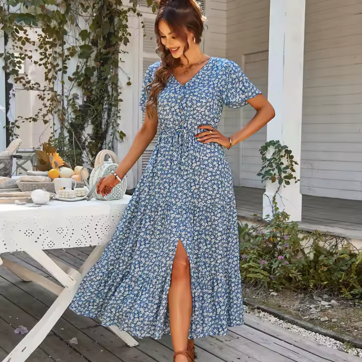 Vestido Bohemio Vintage De Mujer Largo Con Estampado Floral Verano Casual Con Botones Vestido De Playa Sin Mangas Cuello V Talla Suave Midi - 1