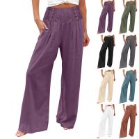 Pantalones Anchos De Pierna Con Bolsillo Para Mujer Estilo Algodón Lino Primavera Verano Cintura Alta Ruched Casual Pantalones De Playa - details 0