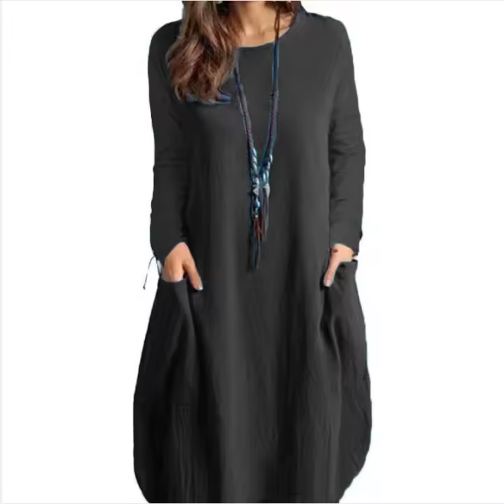Vestido Largo Casual De Mujer Para Otoño Con Bolsillos Y Cuello En V Estilo Europeo Y Americano Algodón Y Lino Suelto - 1