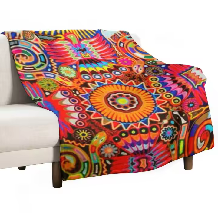 Manta Grande Y Cómoda De Tamaño Rey Estilo Vintage Arte Folclórico Huichol Colorido Mexicano Manta De Terciopelo Coral Para Adultos - 1