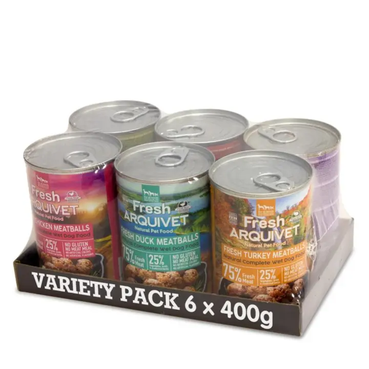 Latas Humedas para perros de sabores variados. 400gr x 6 latas. Albondigas de 6 sabores: Pollo, Pavo, Pato, Cordero, cerdo ibérico y ternera - alto porcentaje de carne fresca, apetecibles, sabrosas y digestibles - Perros Adultos - Sin Gluten - Arquivet - 1