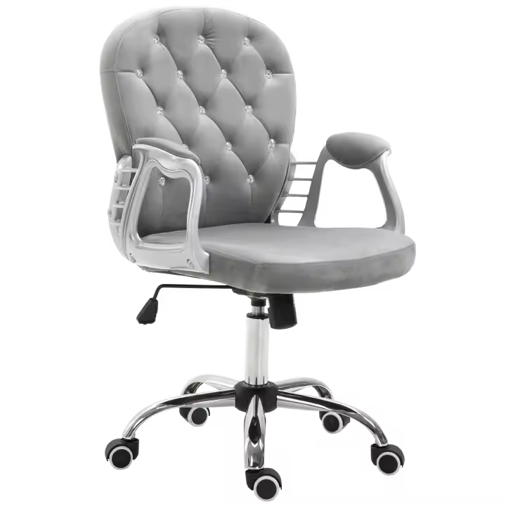 Vinsetto Silla de Oficina Silla de Escritorio Giratoria Tapizada en Terciopelo con Altura Ajustable Reposabrazos y Decoraciones de Diamantes Carga 120 kg para Estudio Dormitorio Gris - 1