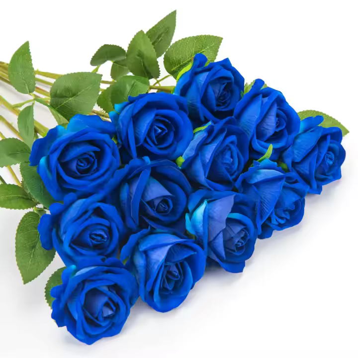 12 Rosas artificiales, flores de franela falsas, flores de un solo tallo largo con Rose Buds para boda, hogar, jardín, decoración de fiesta de cumpleaños (azul) - 1