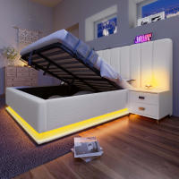 Cama Recuperta 160 × 200, Cama Doble Cama de Almacenamiento with Control de Aplicación LED y Función de Carga USB-C, Bastidor de Cama with Bastidor de Listones, PU, Blanco, Con Colchón, mesita de Noche - details 5