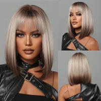 Pelucas Sintéticas Cortas Y Rectas Para Mujeres De Color Rubio a Marrón Ombre Con Flequillo Peluca Bob Resistente Al Calor Para Cosplay Diario Y Fiestas Falso Cabello Tamaño Promedio - details 8