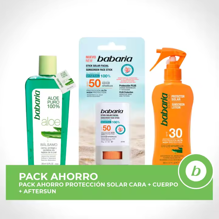 BABARIA Pack ahorro protección solar - Contiene Stick Facial SPF50 + Spray Protector Aloe SPF30 200ml + Bálsamo Reparador Aloe 250ml - 1