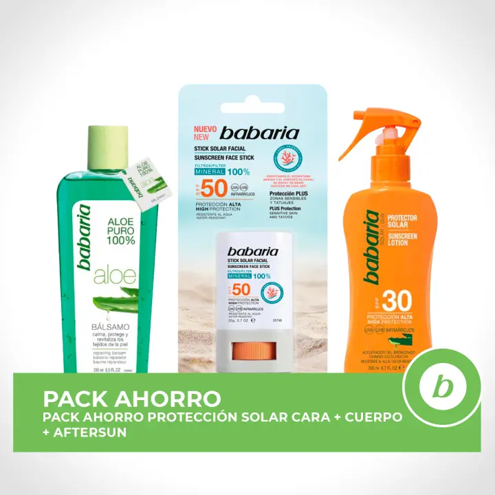 BABARIA Pack ahorro protección solar - Contiene Stick Facial SPF50 + Spray Protector Aloe SPF30 200ml + Bálsamo Reparador Aloe 250ml - 1
