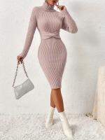 Vestido De Punto Ajustado Cuello Alto Para Mujer Estilo De Otoño E Invierno Vestido Casual De Rodilla Alta Material De Poliéster - details 4