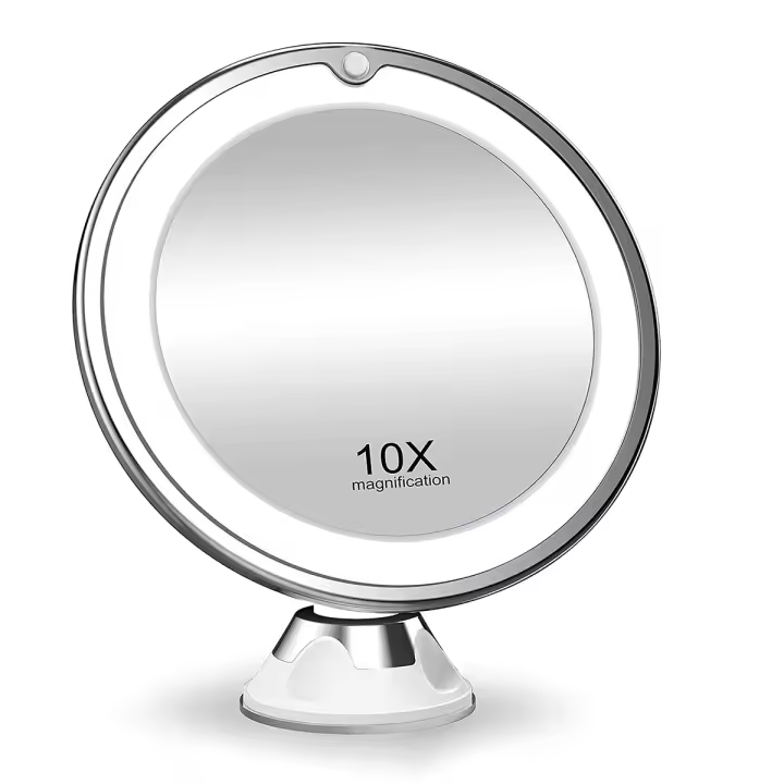 Espejo de baño con aumento de 10x, espejo de maquillaje con iluminación LED, soporte de pared giratorio y con ventosa, funciona con pilas (no incluidas). - 1