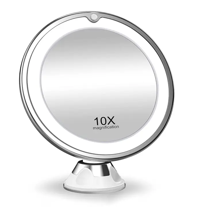 Espejo de baño con aumento de 10x, espejo de maquillaje con iluminación LED, soporte de pared giratorio y con ventosa, funciona con pilas (no incluidas). - 1